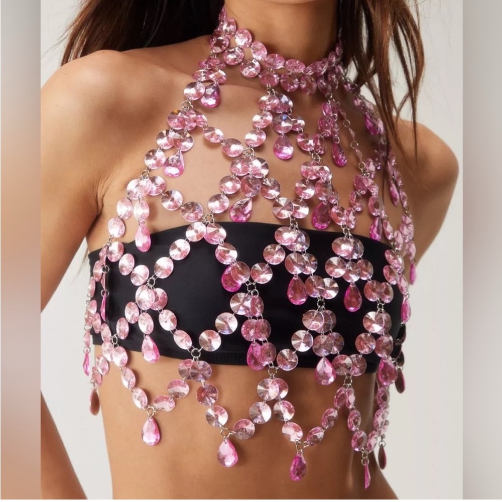 Nasty Gal Pink and Black Crystal Embellished Crop Top